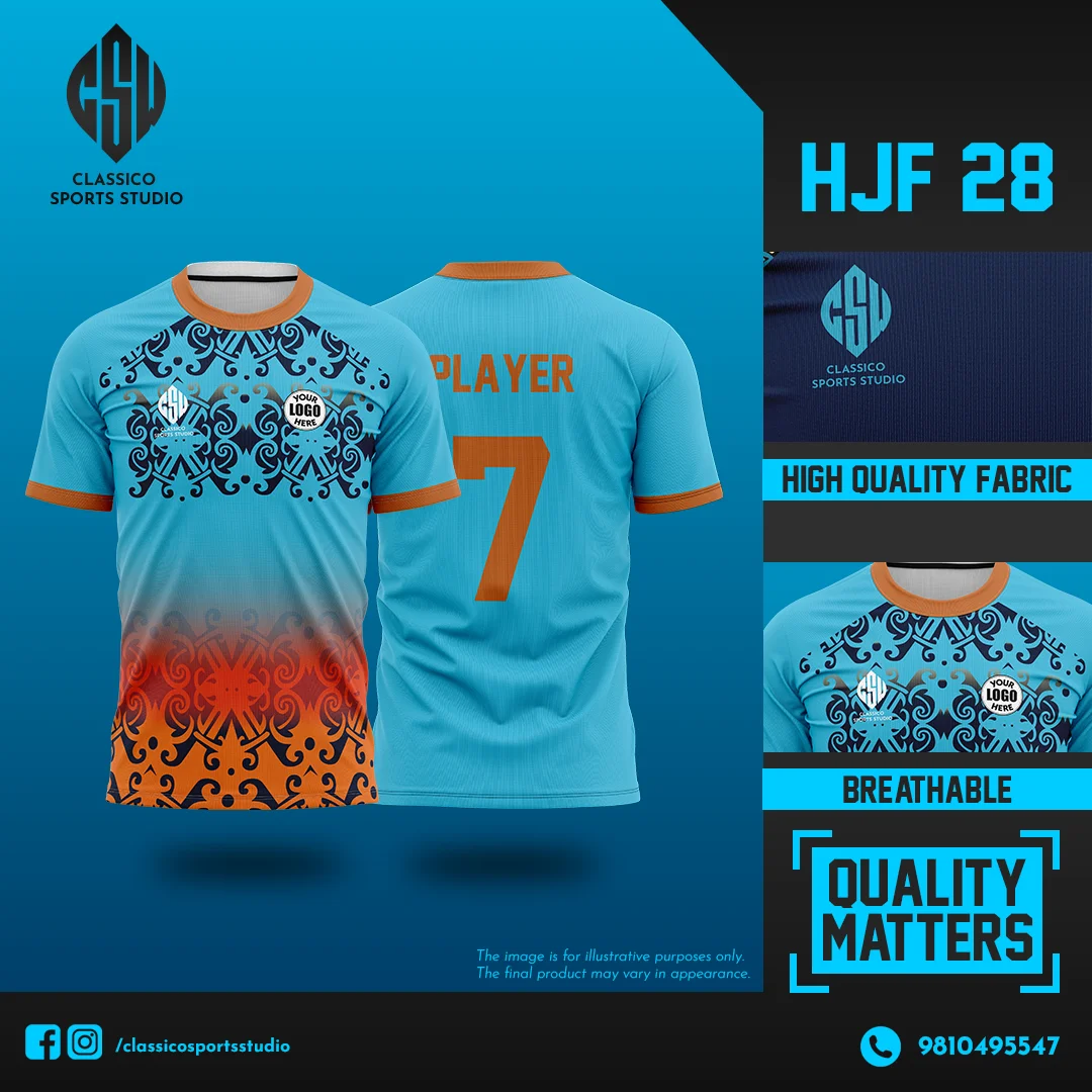 HJF 28 Custom Football Jersey with Ethnic Motif and Cyan-Orange Gradient | Classico Sportswear Nepal