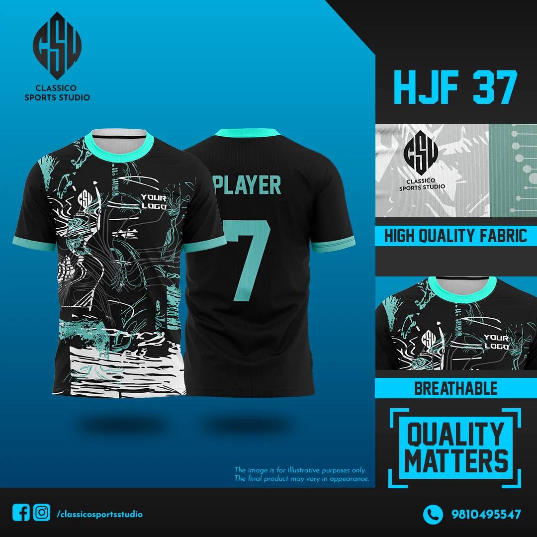 HJF 37 Black and Aqua Custom Football Jersey with Abstract Graphic Design | Classico Sportswear Nepal