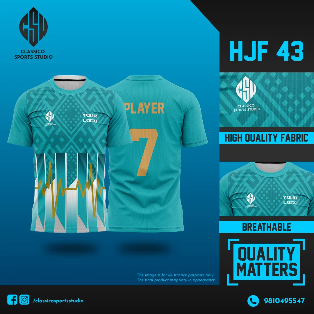 HJF 43 Teal Football Jersey with Geometric & Heartbeat Design | Classico Sportswear Nepal
