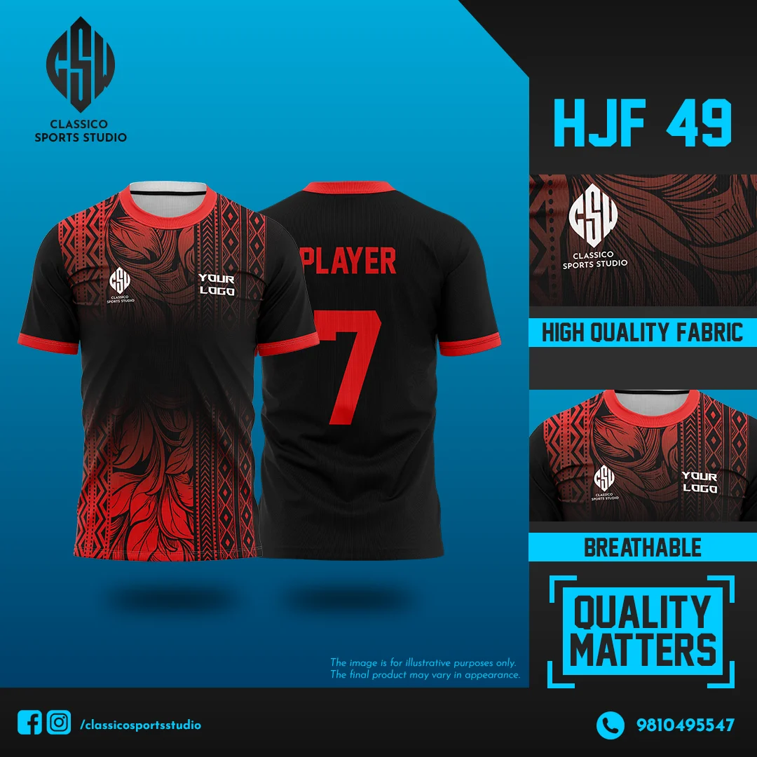 HJF 49 Black Football Jersey with Red Tribal Pattern Design | Classico Sportswear Nepal