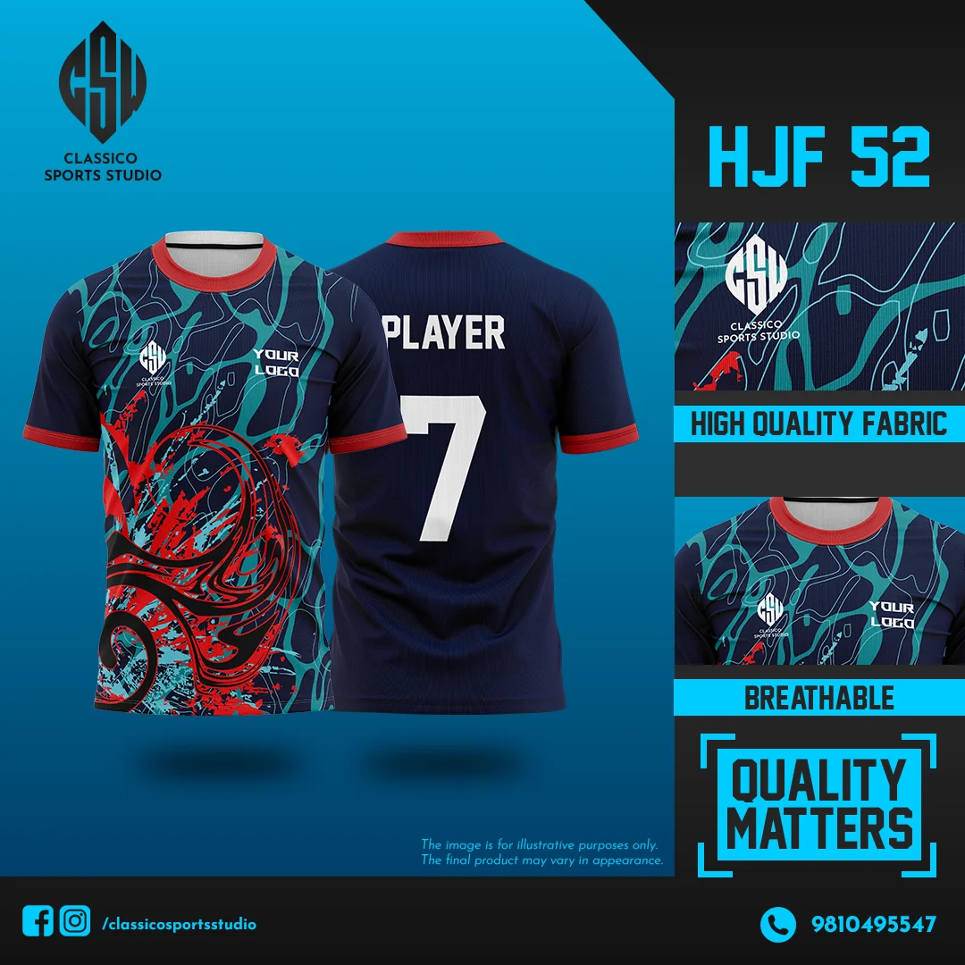 HJF 52 Navy Blue Football Jersey with Aqua & Red Wave Design | Classico Sportswear Nepal