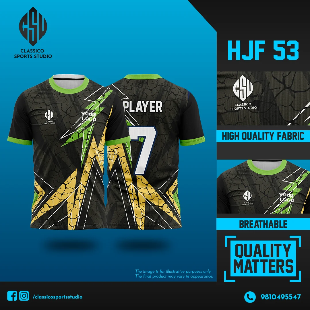 HJF 53 Black Football Jersey with Yellow & Green Lightning Design | Classico Sportswear Nepal