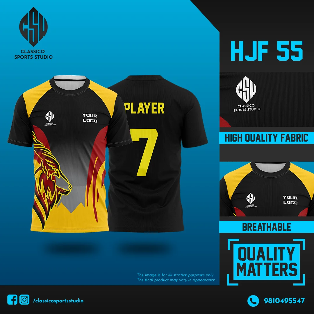 HJF 55 Black Football Jersey with Yellow & Red Lion Graphic | Classico Sportswear Nepal